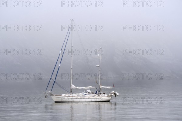 Sailboat, sailing boat, yacht with lowered sails at sea during bad visibility due to thick fog,