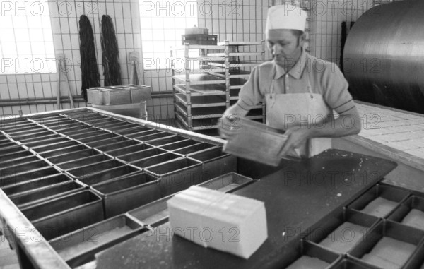 Cheese production at the Westmilch company on 22.05.1980 in Extertal near Herford, Germany, Europe