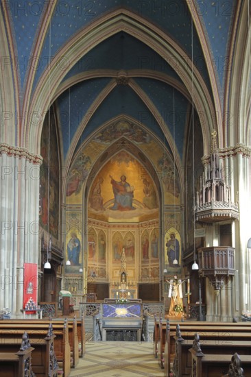 Interior view of the neo-Gothic Apollinaris Church built in 1857 in Remagen, Rhineland-Palatinate,