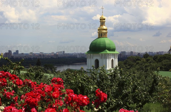 Church tower with green and golden dome, part of the Kiev Cave Monastery, Holy Mary Ascension