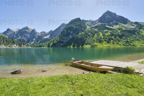 Boat at Tappenkarsee, Raucheck and Wildkarhöhe, alpine pasture, mountain lake, Radstätter Tauern,