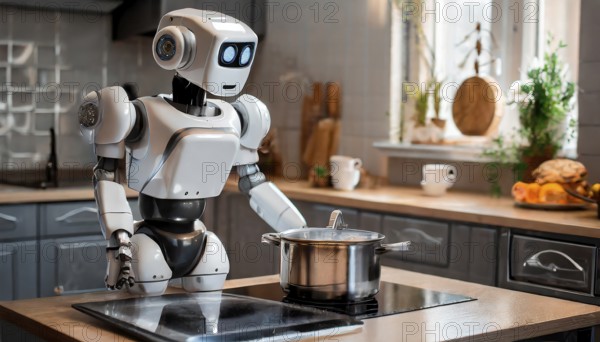A humanoid robot cooks on an electric cooker, AI generates