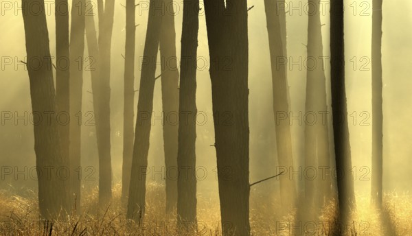 Scots pine forest (Pinus silvestris) in autumnal sunny light, Lower Rhine, North Rhine-Westphalia,