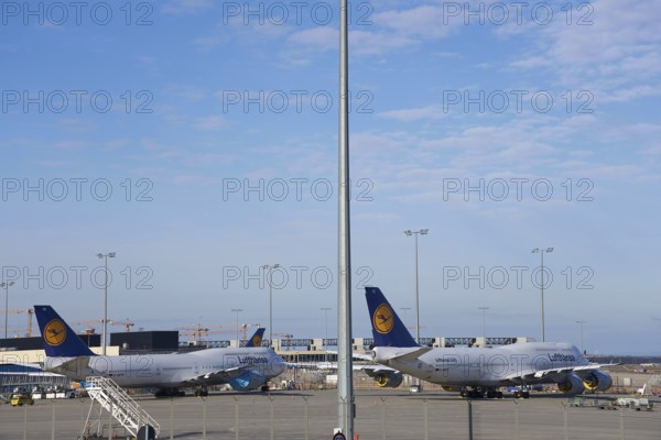 Airport during the corona crisis parked Lufthansa boeing 747, Frankfurt am Main, Hesse, Germany,