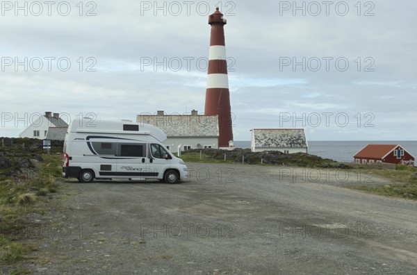 Motorhome in front of Gamvik lighthouse, the northernmost point in Norway accessible by car on the