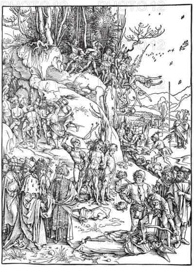 The martyrdom of the ten thousand, woodcut by Albrecht Dürer, historical, digitally improved