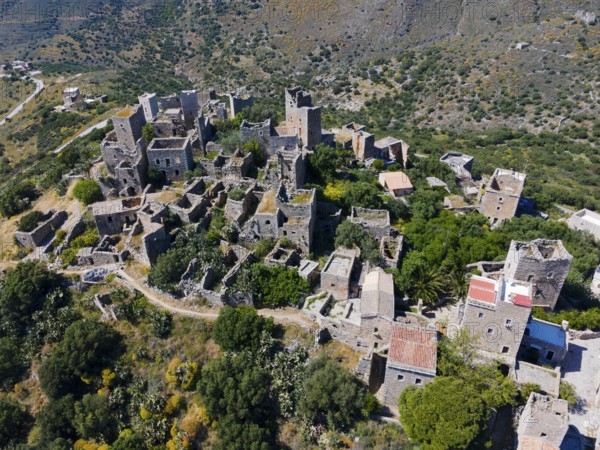 Drone shot, Vathia, Ithylo, Anatoliki Mani, Mani, Lakonia, Peloponnese, Greece, Europe