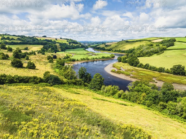 Sharpham Meadows and Marsh over River Dart from a drone, Totnes, Devon, England, United Kingdom,