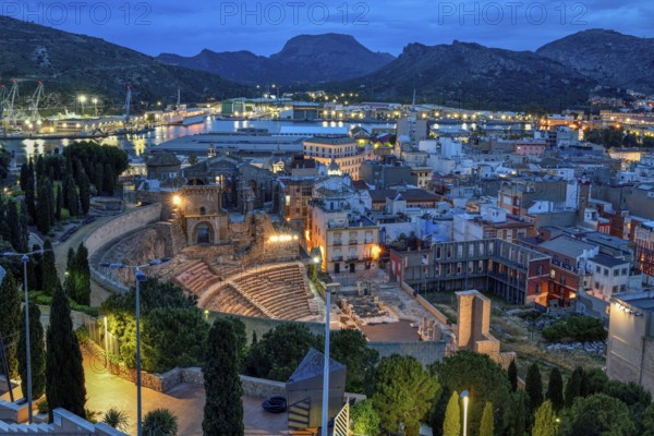 Teatro Romano, blue hour, Roman amphitheater, in the old town of Cartagena, Murcia region, Spain,