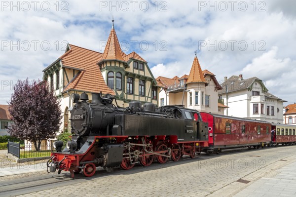 Molli steam train, city centre, villas, Bad Doberan, Mecklenburg-Western Pomerania, Germany, Europe