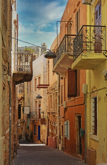 Alley with balconies, Chania, Crete, Greece, Europe