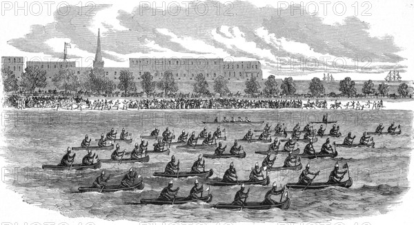 Great Regatta of Madras, Canoes, 1869, India, Historic, digitally restored reproduction of a 19th