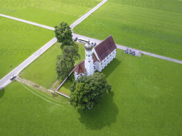 Aerial view of the baroque St. Coloman church near Schwangau in Bavaria, 27.07.2016