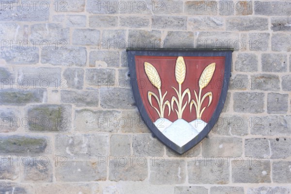 City coat of arms three ears of grain, historic Wörnitz gate, stone wall, Dinkelsbühl, Middle