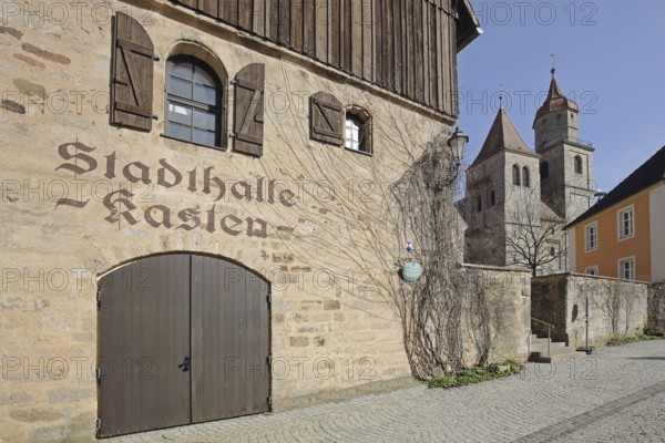 Historical box, town hall with wooden gate and collegiate church, inscription, Feuchtwangen, Middle