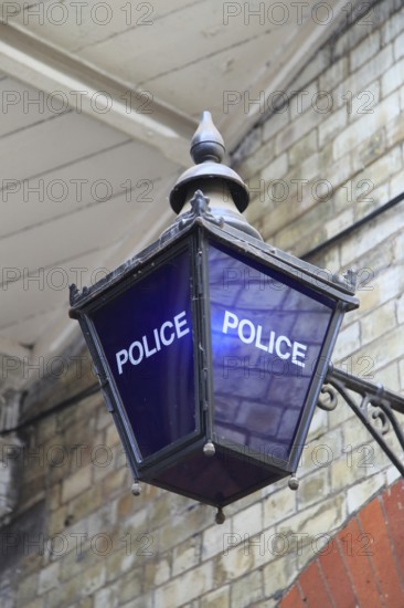 Traditional blue police lamp at Norwich railway station, Norfolk, England, UK