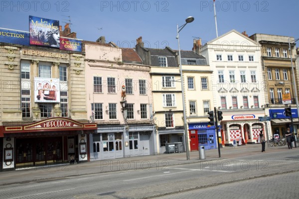 Hippodrome theatre and historic buildings, St Augustine's Parade, Bristol, England, UK