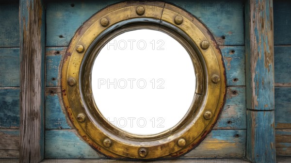 Vintage aged brass ship porthole mounted on a wooden hull with a white background. generative AI,