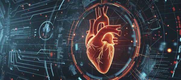 Hearth health cardiology concept with display that shows science research for heart diseases, AI
