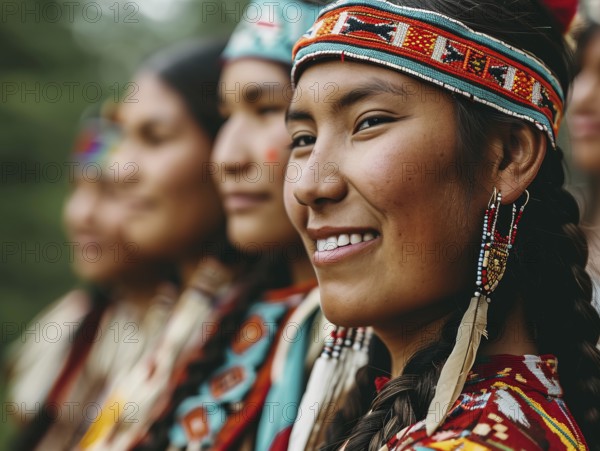 Smiling native indigenous people of Canada dressed in colorful native clothes, AI generated