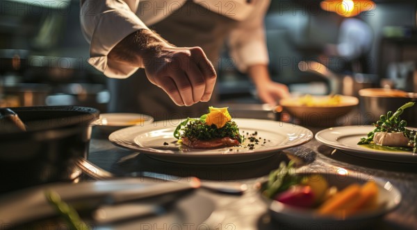 Chef in modern kitchen preparing gourmet meal in upscale restaurant of world cuisine, AI generated