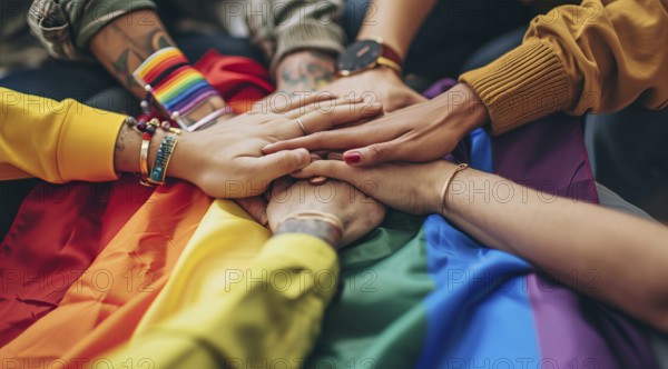 Diverse people hands over rainbow LGBTQ flag showing love, affection and unity, AI generated