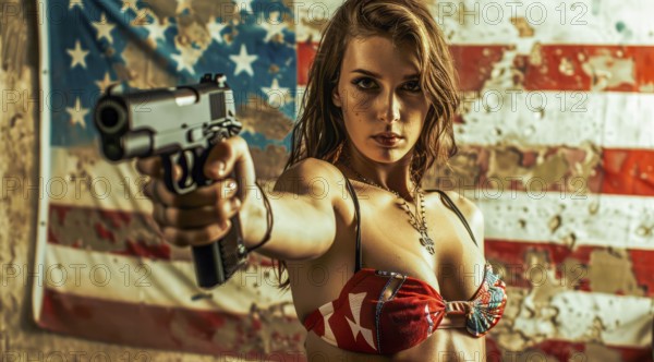 A woman is holding a gun and standing in front of an American flag. Concept of patriotism and gun