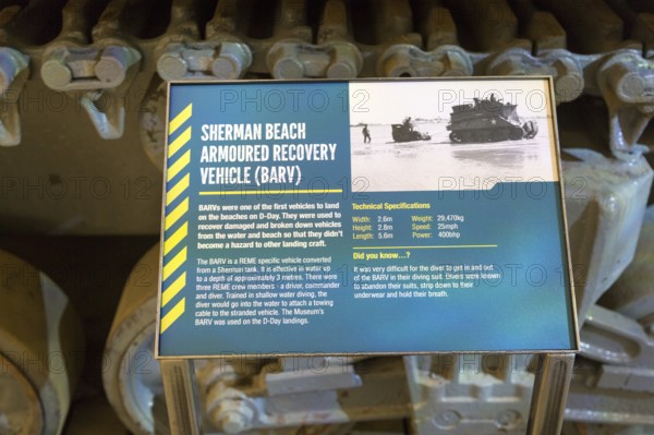 Information panel about Sherman Beach Armoured Recovery Vehicle (BARV) D-Day landings, REME museum,
