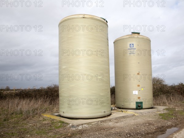 Farm storage tank silos for liquid fertiliser, Suffolk, England, United Kingdom, Europe