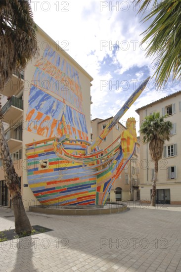 Sculpture Le Bateau Sculpture by Alexandre-Benjamin Navet 1995, colourful ship with Neptune as