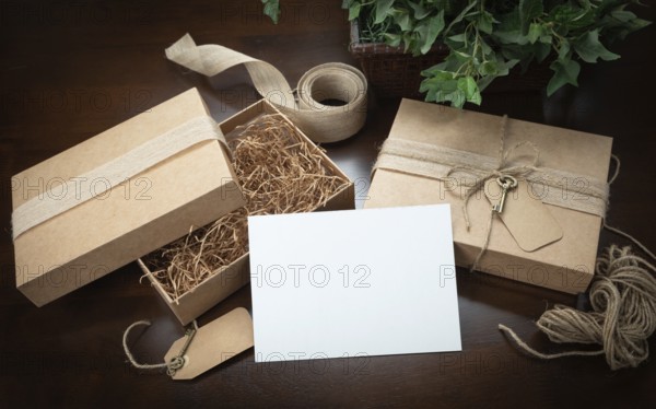 Gift packaging boxes mock up with jute string, blank card and tags with small key on wood surface