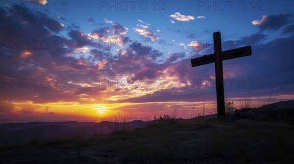 Easter concept cross on Golgotha Calvary hill against a dramatic sunset, AI generated