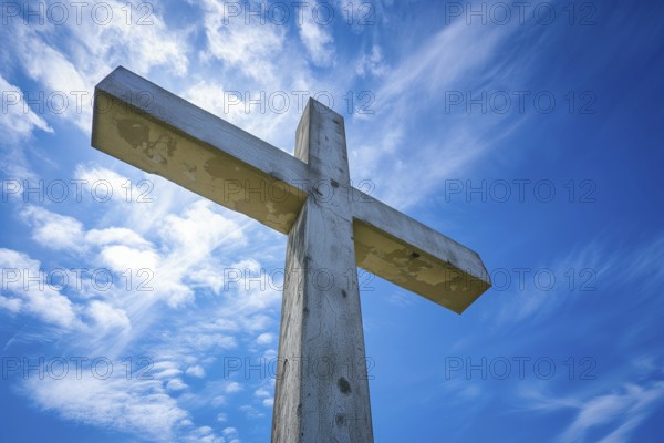 Christianity symbol Easter concept wooden cross in blue sky, AI generated