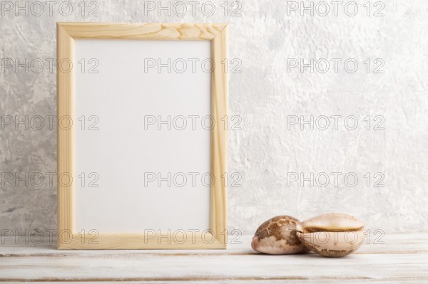 White wooden frame mockup with seashells on gray concrete background. Blank, vertical orientation,