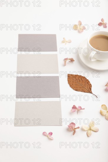 Composition with gray paper business card, brown beech autumn leaves, hydrangea flowers and cup of