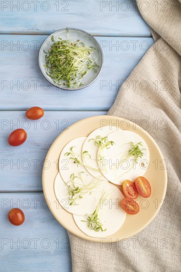 White cheese with tomatoes and cilantro microgreen on blue wooden background and linen textile. top