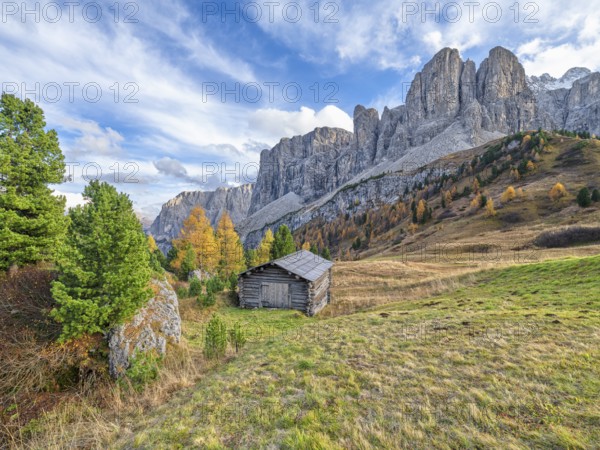 Hut in front of Sella Group, Gardena Pass, Passo Gardena, autumn, Sella Group, Dolomites, Bolzano,