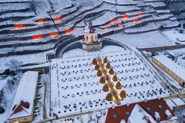 Aerial view of the Belvedere in Wackerbarth Castle Park with vineyards under snow and Christmas