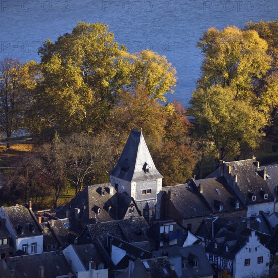 Aerial view of the market tower with houses on the Rhine, Bacharach, UNESCO World Heritage Upper
