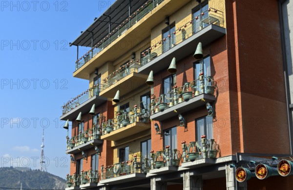 Folkloristic façade design with Georgian style elements, Brim Hotel, Tbilisi, Georgia, Asia