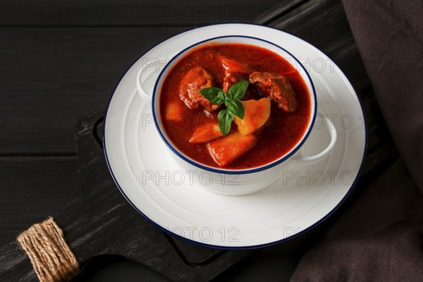 Stew with potatoes, in tomato sauce, with spices and herbs, close-up, no people, on a black