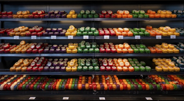Interior shot, different types of cheese, shelf, display, colourful, Cheese & More, shop, retail,