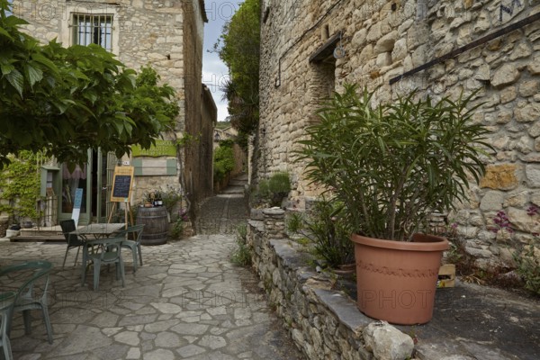 Restuarant in an old stone house in La Roque-sur-Cèze, Département Gard, Occitanie region, France,