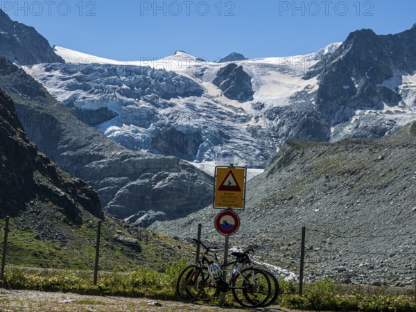 Hiking signpost at the Moiry glacier, Valais, Switzerland, Europe