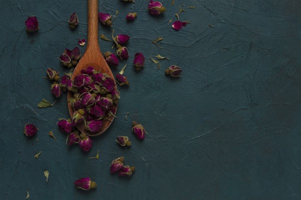 Pink Tea, Damask rose buds, wooden spoon, top view, no people