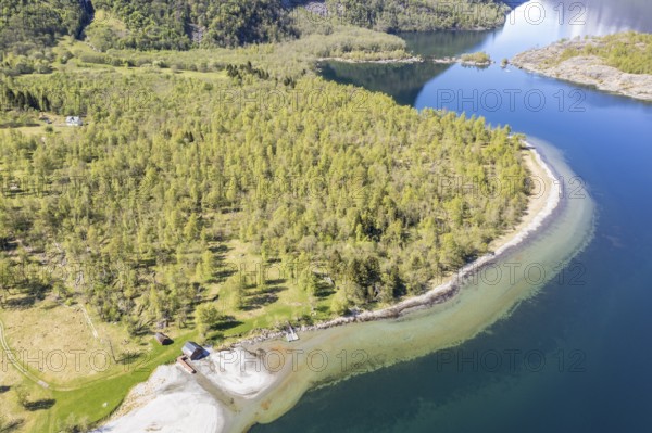Aerial view of lake Lovatnet (or: Loenvatnet), sandy beach and birch forest, valley Lodalen south
