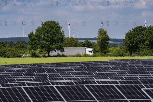 Photovoltaic system on the A44 motorway, north of Marsberg, Hochsauerlandkreis, North