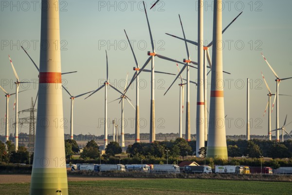 Wind farm near Bad Wünnenberg, Ostwestfalen Lippe, along the A44 motorway, North Rhine-Westphalia,