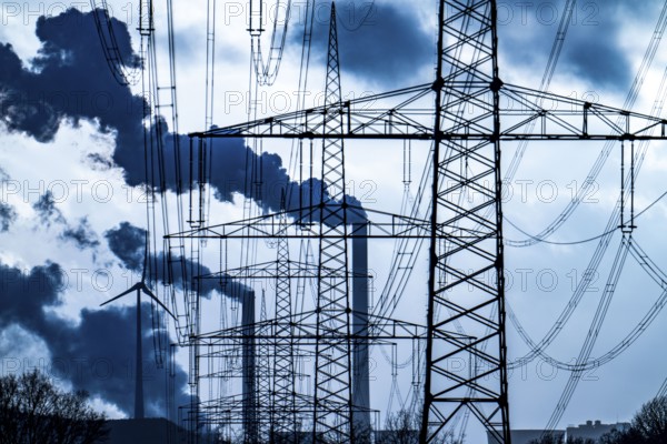 High-voltage power lines, overhead pylons, UNIPER coal-fired power plant Scholven in the