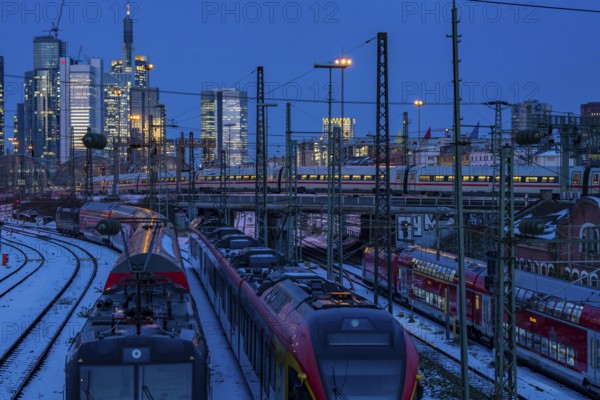 Railway tracks in front of the main station of Frankfurt am Main, ICE train, skyline of the
